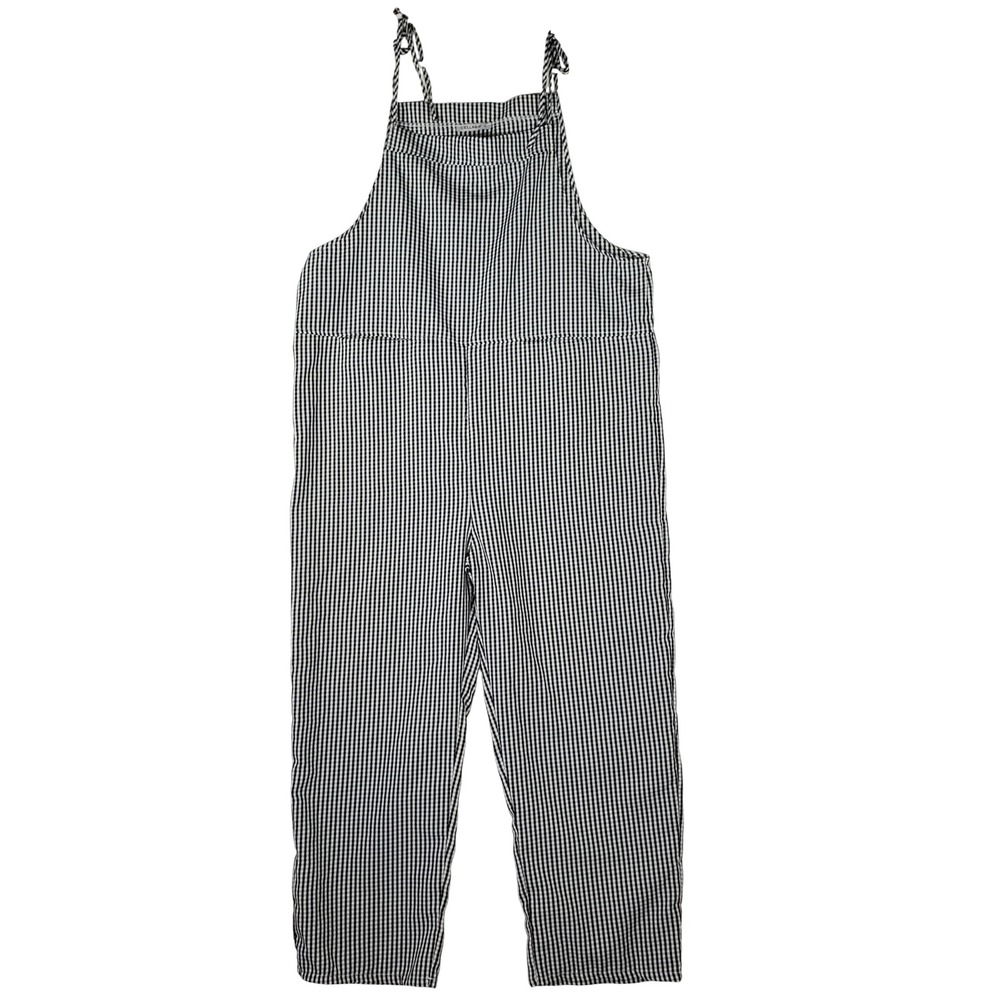 Cellabie Womens XL Gingham Tie Strap Jumpsuit Black White Check Pockets Bib